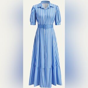 Blue & White Stripe Midi Shirt Dress